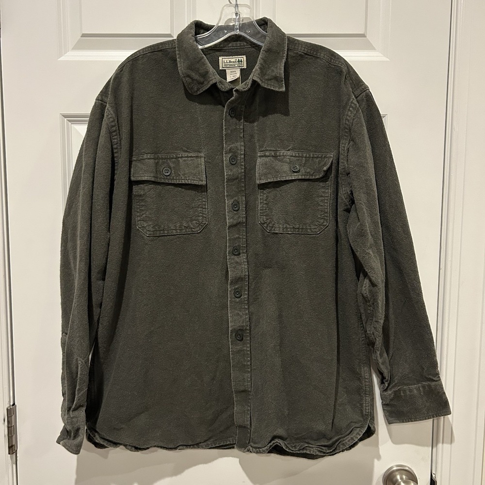 VTG LL Bean Shirt Mens Large Forest Green Chamois Cloth Heavy Flannel Button Y2K